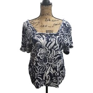 Floral Print Top Square Neck‎ Short Sleeve Blue White Bohemian Blouse